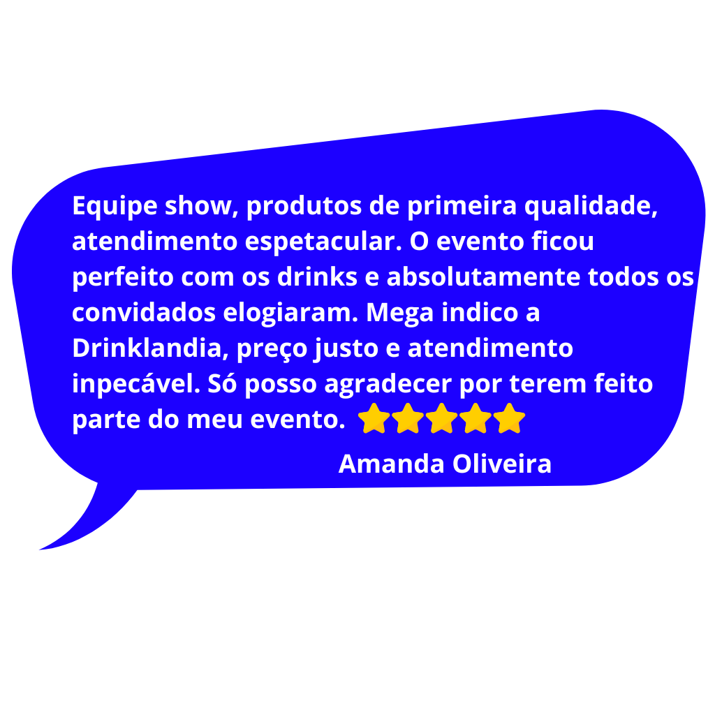 Equipe show produtos de primeira qualidade atendimento espetacular. O evento ficou perfeito com os drinks e absolutamente todos os convidados elogiaram. Mega indico a Drinklandia preco justo e 