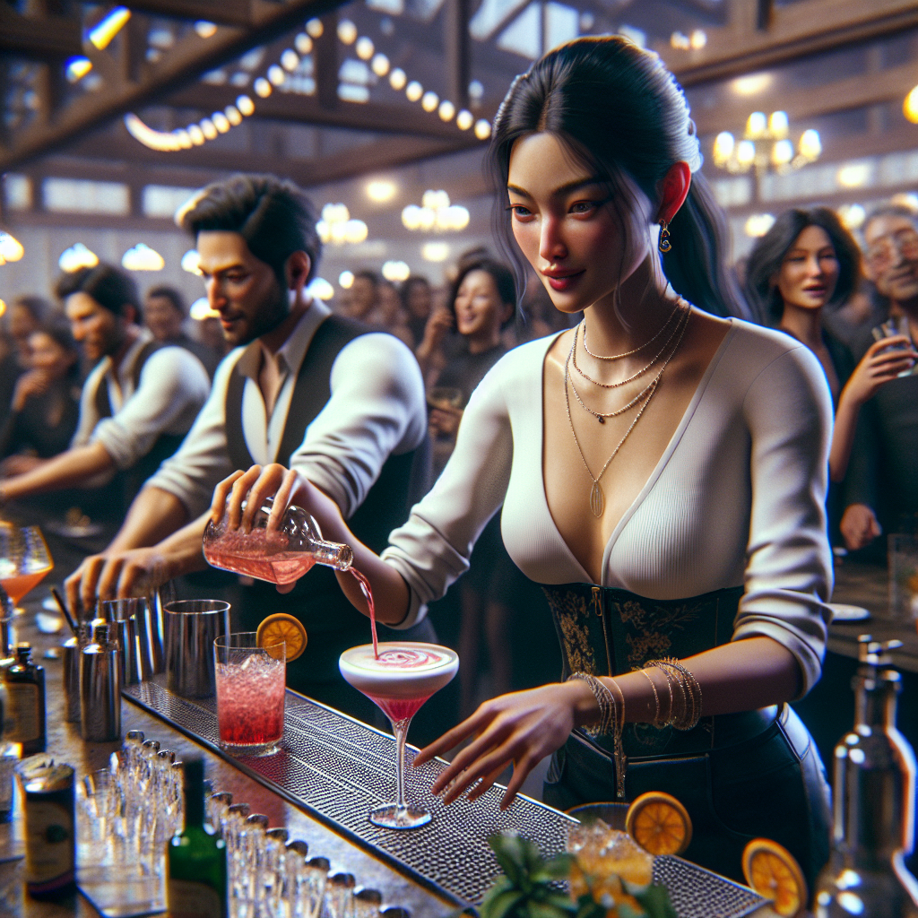 desenho de barman feminina em festa SP servindo um cosmopolitan