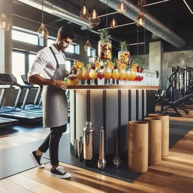 Barman em ativação de academias com 5 coquetéis mocktails